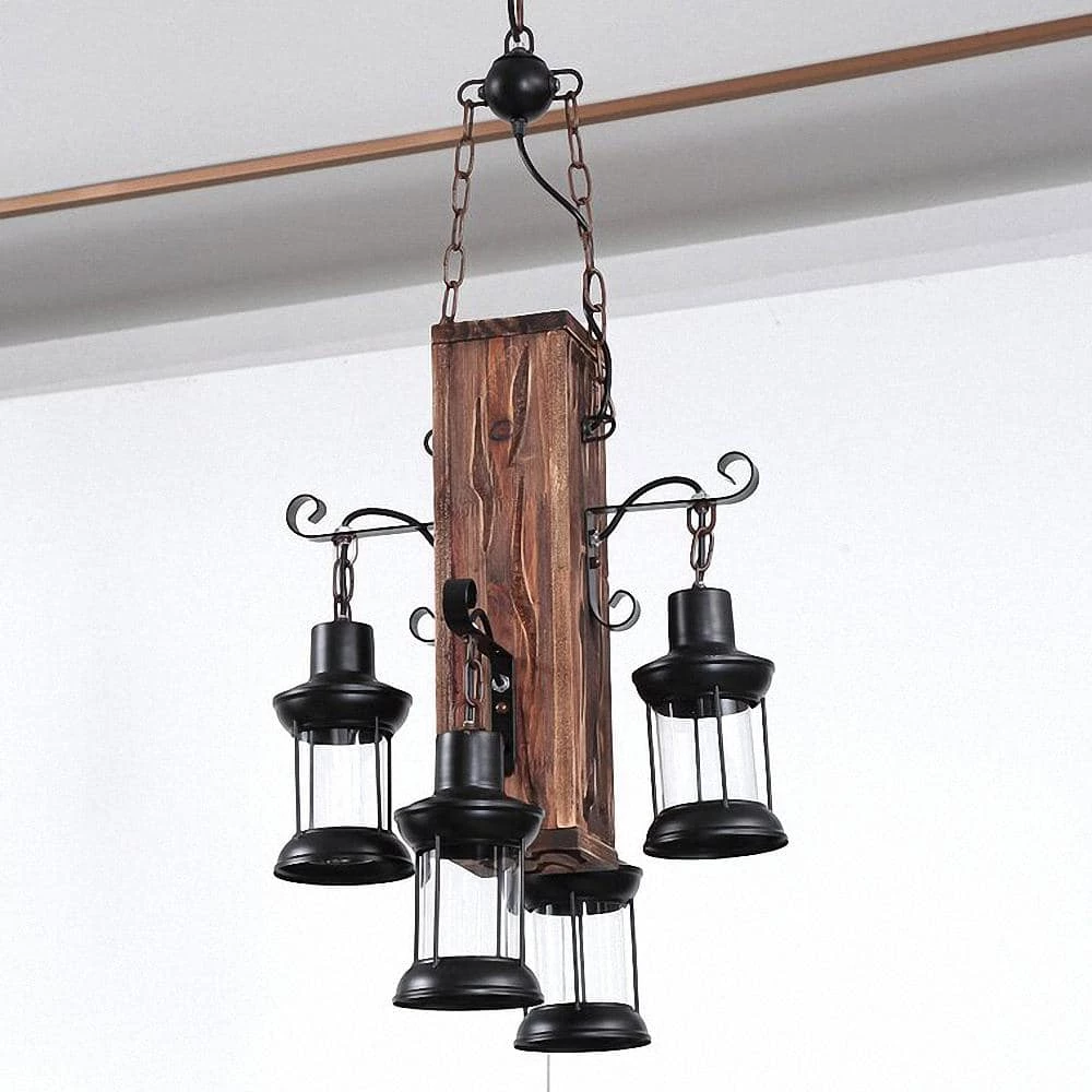 4-Light Industrial Rustic Farmhouse Wood Accents Pendant with Glass Shade by YANSUN 4 4-Light Industrial Rustic Farmhouse Wood Accents Pendant with Glass Shade by YANSUN - Image 2