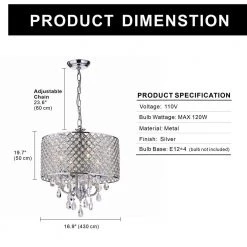 16.93 in. 4-Light Chrome Contemporary Drum Chandelier with Clear K9 Round Crystal Shade by YANSUN -YANSUN Shop chrome yansun chandeliers h dz056 4f 1000