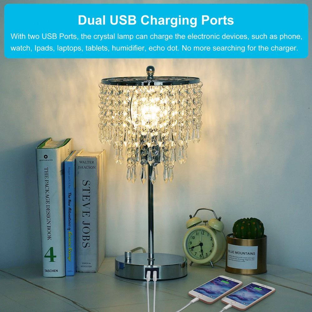 17 in. Chrome 3-Way Dimmable Touch Control Crystal Table Lamp with Dual USB Charging Ports by YANSUN 8 17 in. Chrome 3-Way Dimmable Touch Control Crystal Table Lamp with Dual USB Charging Ports by YANSUN - Image 6
