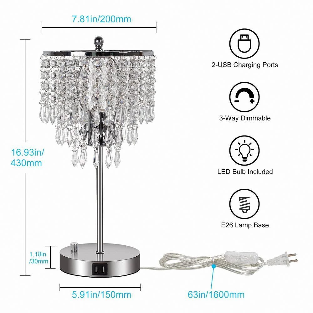 17 in. Chrome 3-Way Dimmable Touch Control Crystal Table Lamp with Dual USB Charging Ports by YANSUN 6 17 in. Chrome 3-Way Dimmable Touch Control Crystal Table Lamp with Dual USB Charging Ports by YANSUN - Image 4