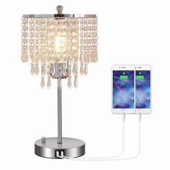 17 in. Chrome 3-Way Dimmable Touch Control Crystal Table Lamp with Dual USB Charging Ports by YANSUN