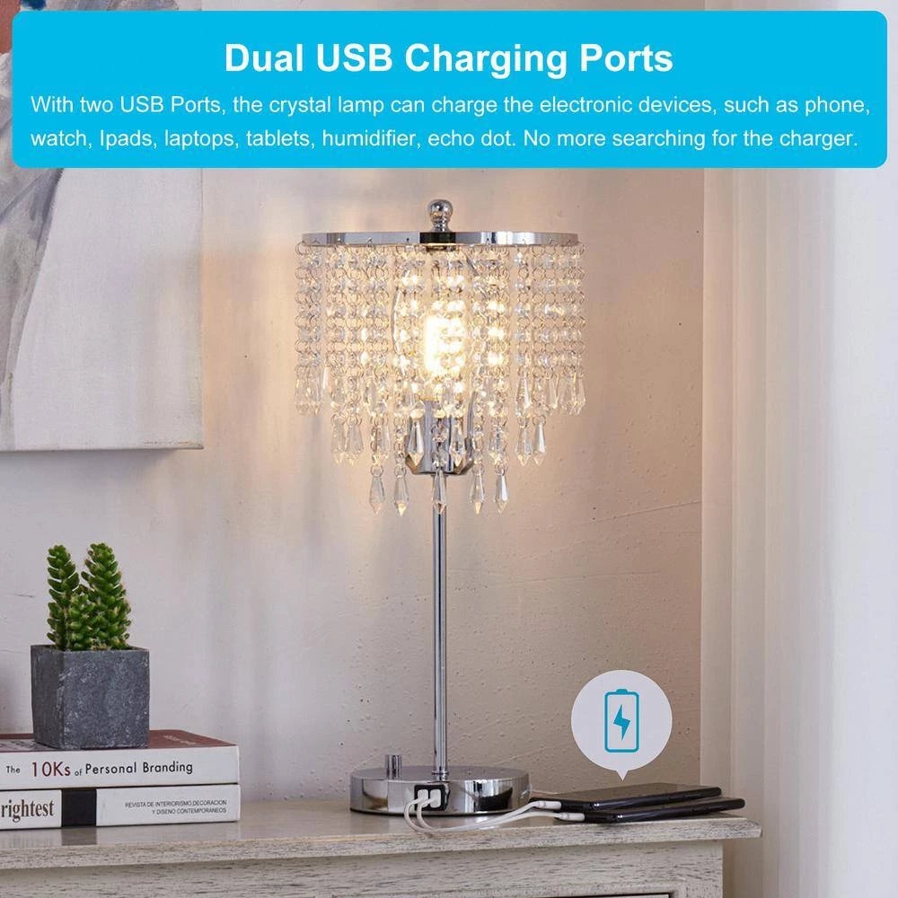 17 in. Chrome 3-Way Dimmable Touch Control Crystal Table Lamp with Dual USB Charging Ports by YANSUN 10 17 in. Chrome 3-Way Dimmable Touch Control Crystal Table Lamp with Dual USB Charging Ports by YANSUN - Image 8