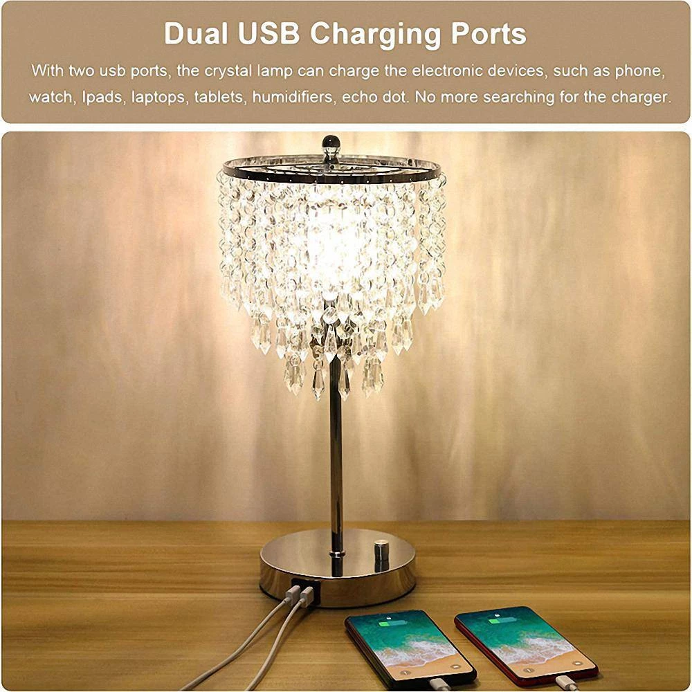 17 in. Chrome 3-Way Dimmable Touch Control Crystal Table Lamp with Dual USB Charging Ports by YANSUN 4 17 in. Chrome 3-Way Dimmable Touch Control Crystal Table Lamp with Dual USB Charging Ports by YANSUN - Image 2