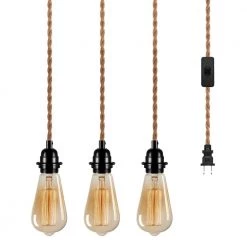 3-Light Golden Vintage Edison Plug-In Mini Pendant with Hemp Rope and Black Socket by YANSUN