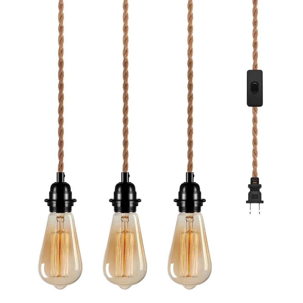 3-Light Golden Vintage Edison Plug-In Mini Pendant with Hemp Rope and Black Socket by YANSUN 3 3-Light Golden Vintage Edison Plug-In Mini Pendant with Hemp Rope and Black Socket by YANSUN