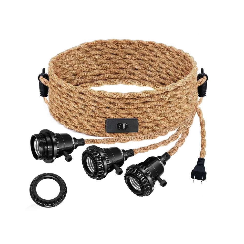 3-Light Golden Vintage Edison Plug-In Mini Pendant with Hemp Rope and Black Socket by YANSUN 5 3-Light Golden Vintage Edison Plug-In Mini Pendant with Hemp Rope and Black Socket by YANSUN - Image 3