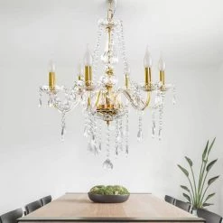 6-Light Gold Candlestick Crystal Chandelier Pendant Light with K9 Crystal Shade by YANSUN