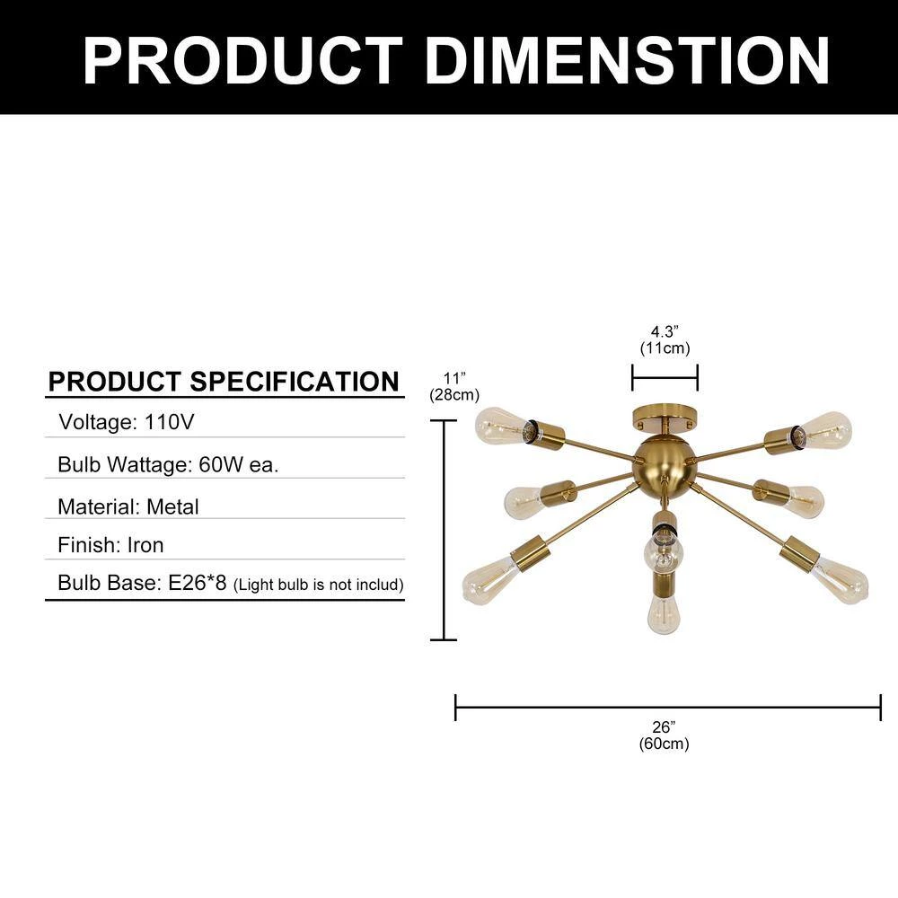 26 in. 8-Light Gold Sputnik Chandelier Aluminum LED Flush Mount by YANSUN 6 26 in. 8-Light Gold Sputnik Chandelier Aluminum LED Flush Mount by YANSUN - Image 4