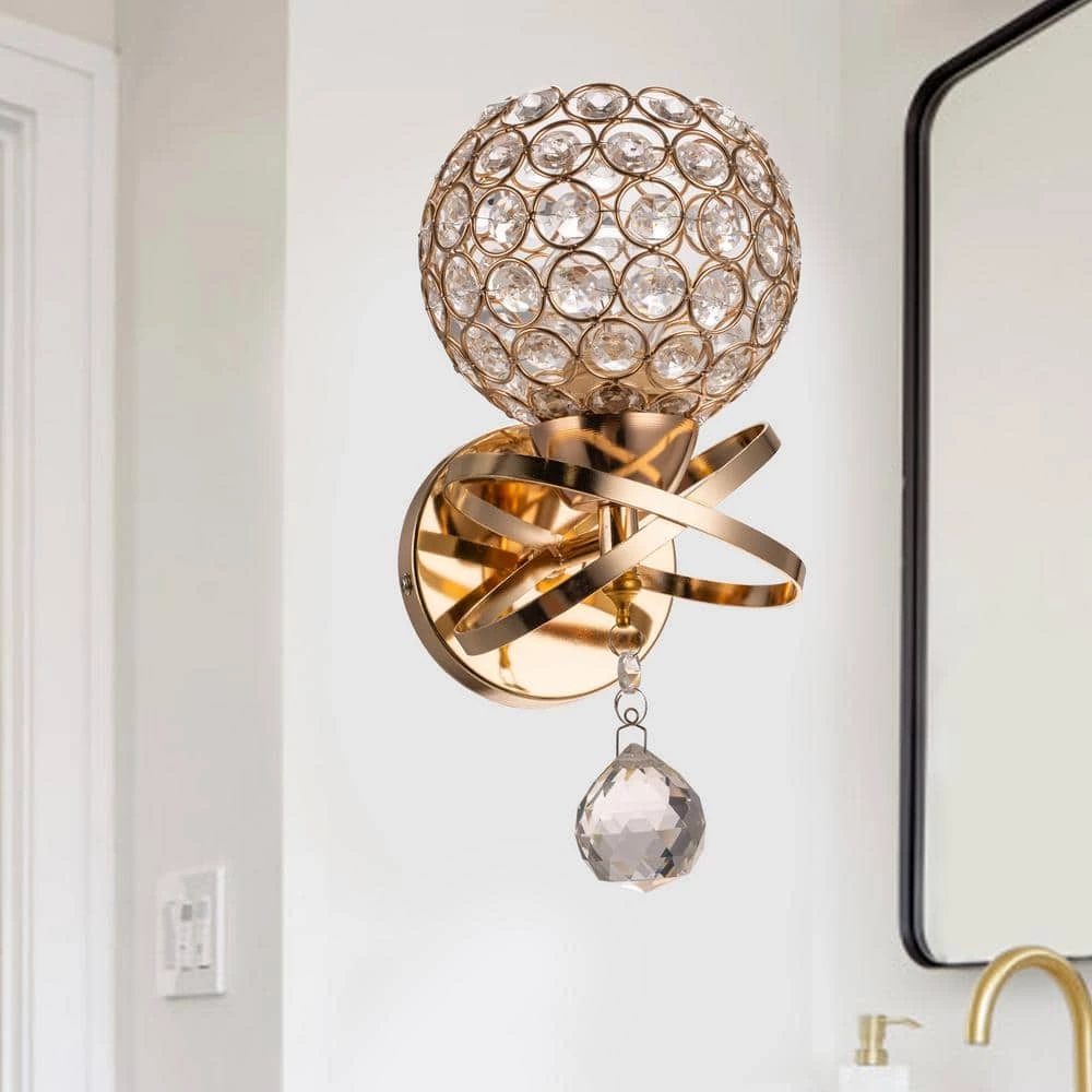 5.12 in. 1-Light Gold Indoor Wall Sconce with Antique Metal Crystal Shade by YANSUN 5 5.12 in. 1-Light Gold Indoor Wall Sconce with Antique Metal Crystal Shade by YANSUN - Image 3