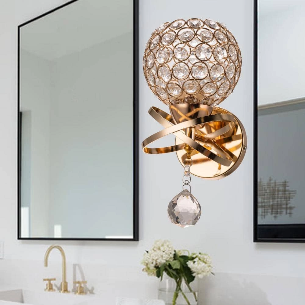 5.12 in. 1-Light Gold Indoor Wall Sconce with Antique Metal Crystal Shade by YANSUN 7 5.12 in. 1-Light Gold Indoor Wall Sconce with Antique Metal Crystal Shade by YANSUN - Image 5