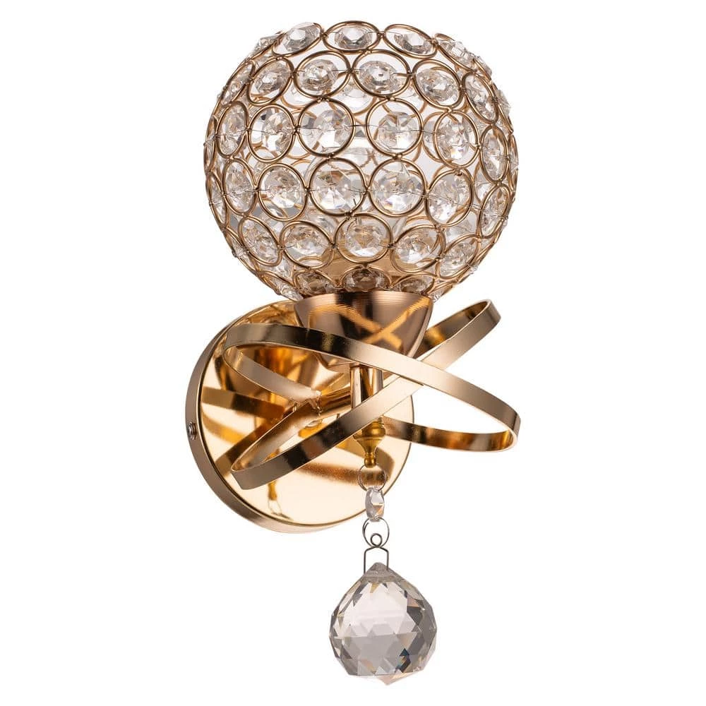 5.12 in. 1-Light Gold Indoor Wall Sconce with Antique Metal Crystal Shade by YANSUN 3 5.12 in. 1-Light Gold Indoor Wall Sconce with Antique Metal Crystal Shade by YANSUN