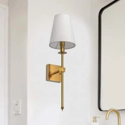 1-Light Gold Wall Sconce with White Fabric Shade by YANSUN -YANSUN Shop gold yansun wall sconces h wl043gn2 4f 1000