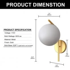 7.87 in. 1-Light Gold Modern Globe Wall Sconce with Frosted Glass Shade by YANSUN -YANSUN Shop gold yansun wall sconces h wl070g c3 1000