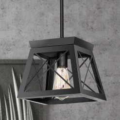 1-Light Matte Black Pendant with Geometric Metal Cage by YANSUN -YANSUN Shop matte black yansun chandeliers h dz012 1f 1000