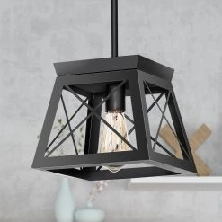1-Light Matte Black Pendant with Geometric Metal Cage by YANSUN -YANSUN Shop matte black yansun chandeliers h dz012 fa 1000