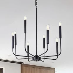 25 in. 8-Light Matte Black Farmhouse Minimalist Hanging Candlestick Chandelier by YANSUN