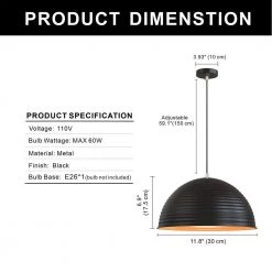 12.20 in. 1-Light Matte Black Pendant with Bowl Shaped, Modern and Simple Style by YANSUN 11 12.20 in. 1-Light Matte Black Pendant with Bowl Shaped, Modern and Simple Style by YANSUN -YANSUN Shop matte black yansun chandeliers h dz057n1 c3 1000
