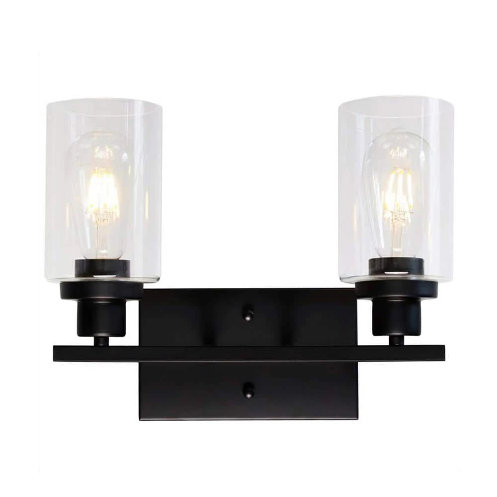 14.44 in. 2-Light Matte Black Vanity Light with Clear Glass Shade (2-Pack) by YANSUN 3 14.44 in. 2-Light Matte Black Vanity Light with Clear Glass Shade (2-Pack) by YANSUN