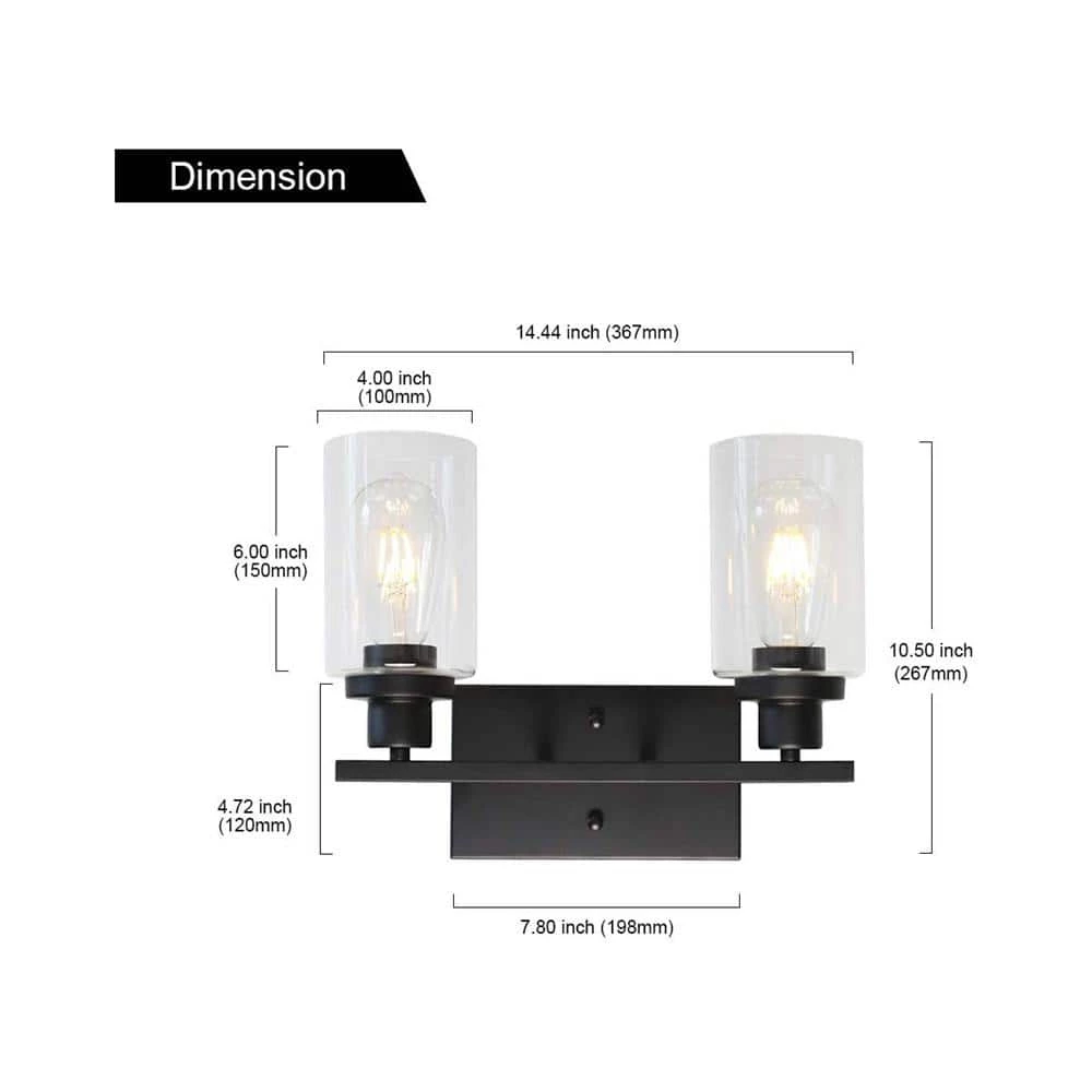 14.44 in. 2-Light Matte Black Vanity Light with Clear Glass Shade (2-Pack) by YANSUN 5 14.44 in. 2-Light Matte Black Vanity Light with Clear Glass Shade (2-Pack) by YANSUN - Image 3