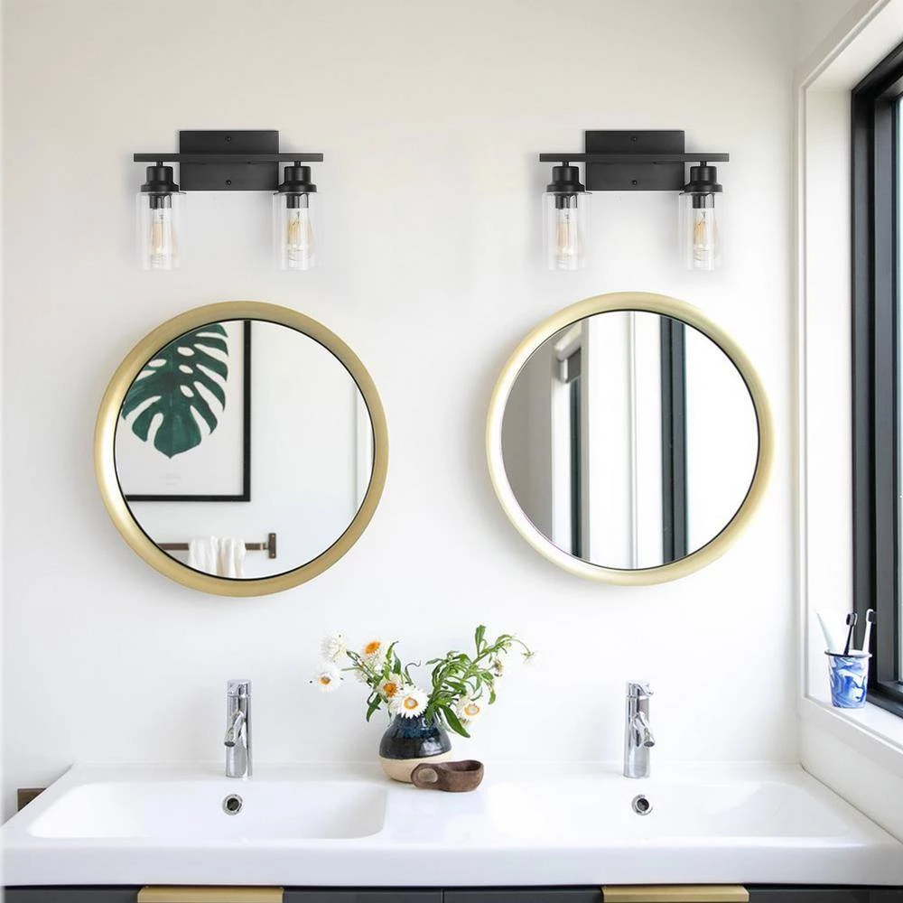 14.44 in. 2-Light Matte Black Vanity Light with Clear Glass Shade (2-Pack) by YANSUN 4 14.44 in. 2-Light Matte Black Vanity Light with Clear Glass Shade (2-Pack) by YANSUN - Image 2