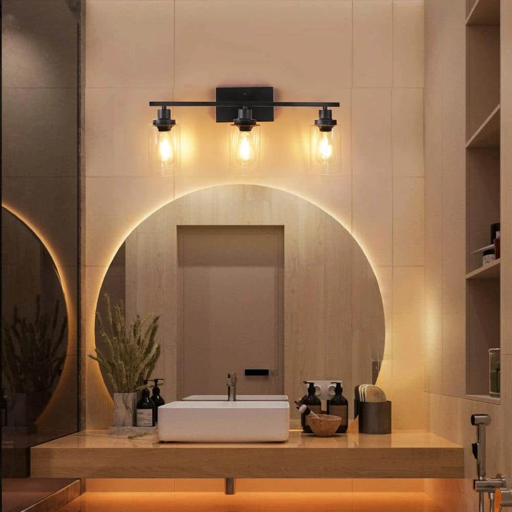 24 in. 3-Light Matte Black Vanity Light with Clear Glass Shade by YANSUN 7 24 in. 3-Light Matte Black Vanity Light with Clear Glass Shade by YANSUN - Image 5