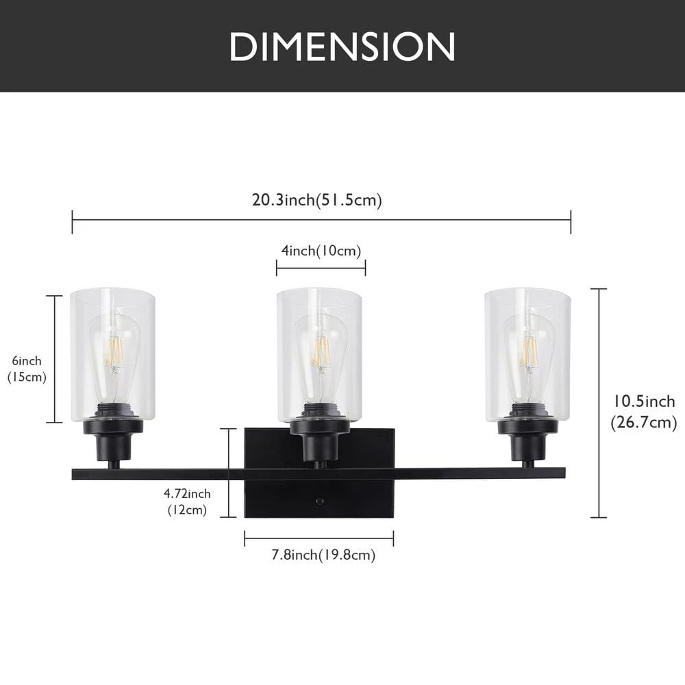 24 in. 3-Light Matte Black Vanity Light with Clear Glass Shade by YANSUN 5 24 in. 3-Light Matte Black Vanity Light with Clear Glass Shade by YANSUN - Image 3