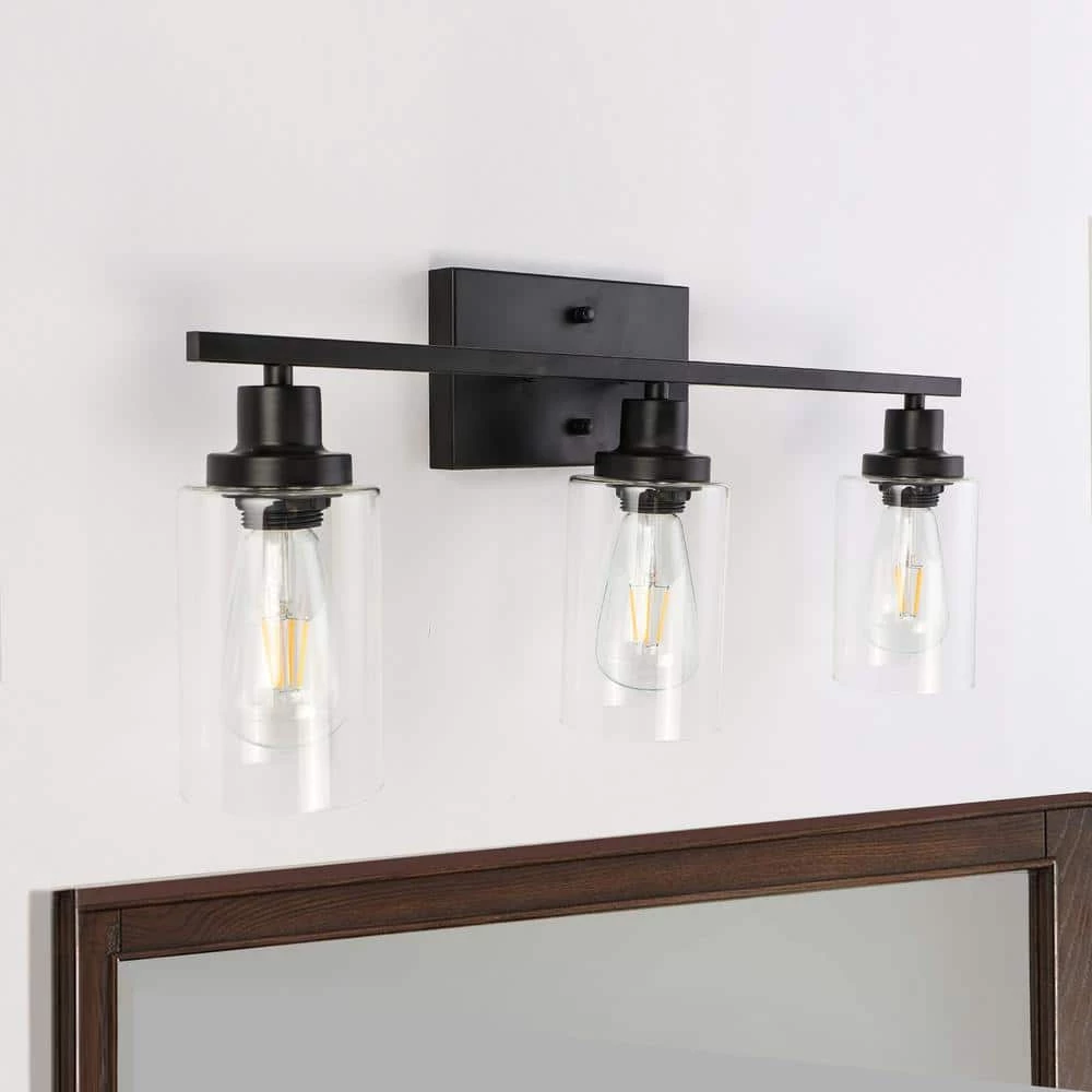 24 in. 3-Light Matte Black Vanity Light with Clear Glass Shade by YANSUN 9 24 in. 3-Light Matte Black Vanity Light with Clear Glass Shade by YANSUN - Image 7