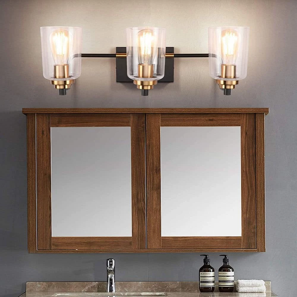 19 in. 3-Light Matte Black Vanity Light with Clear Glass Shade and Gold Socket Cups by YANSUN 7 19 in. 3-Light Matte Black Vanity Light with Clear Glass Shade and Gold Socket Cups by YANSUN - Image 5