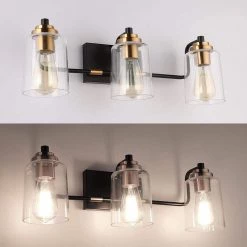 19 in. 3-Light Matte Black Vanity Light with Clear Glass Shade and Gold Socket Cups by YANSUN 12 19 in. 3-Light Matte Black Vanity Light with Clear Glass Shade and Gold Socket Cups by YANSUN -YANSUN Shop matte black yansun vanity lighting h wl072 4f 1000