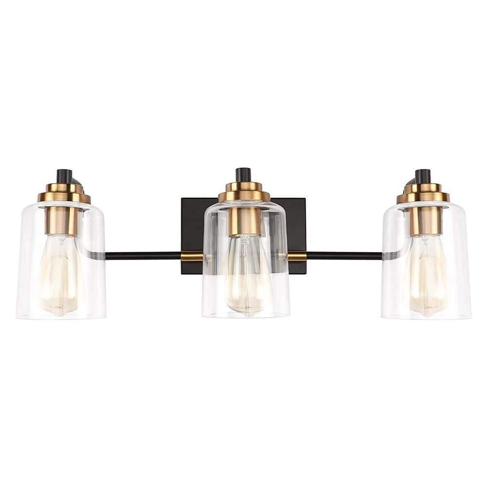 19 in. 3-Light Matte Black Vanity Light with Clear Glass Shade and Gold Socket Cups by YANSUN 3 19 in. 3-Light Matte Black Vanity Light with Clear Glass Shade and Gold Socket Cups by YANSUN