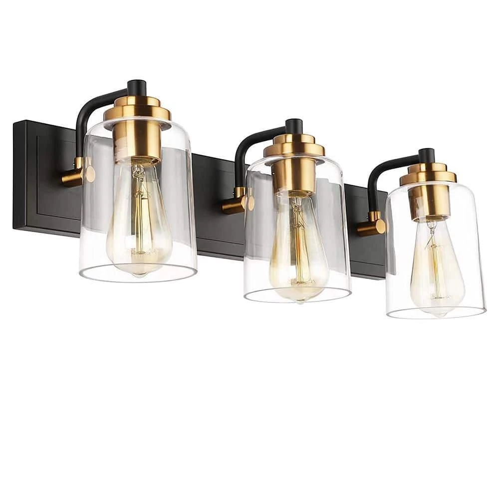 22.8 in. 3-Light Matte Black Vanity Light with Clear Glass Shade and Gold Socket Cups by YANSUN 3 22.8 in. 3-Light Matte Black Vanity Light with Clear Glass Shade and Gold Socket Cups by YANSUN