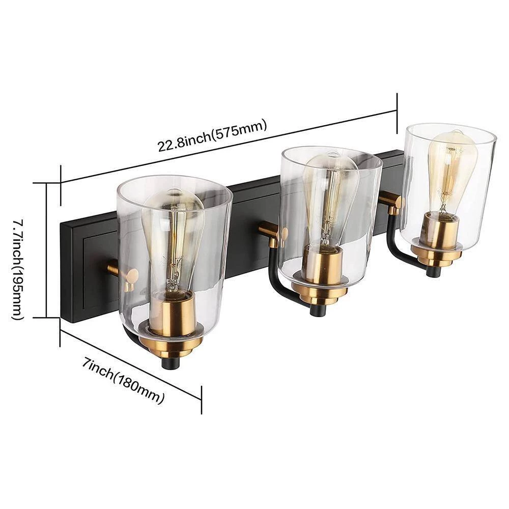 22.8 in. 3-Light Matte Black Vanity Light with Clear Glass Shade and Gold Socket Cups by YANSUN 5 22.8 in. 3-Light Matte Black Vanity Light with Clear Glass Shade and Gold Socket Cups by YANSUN - Image 3