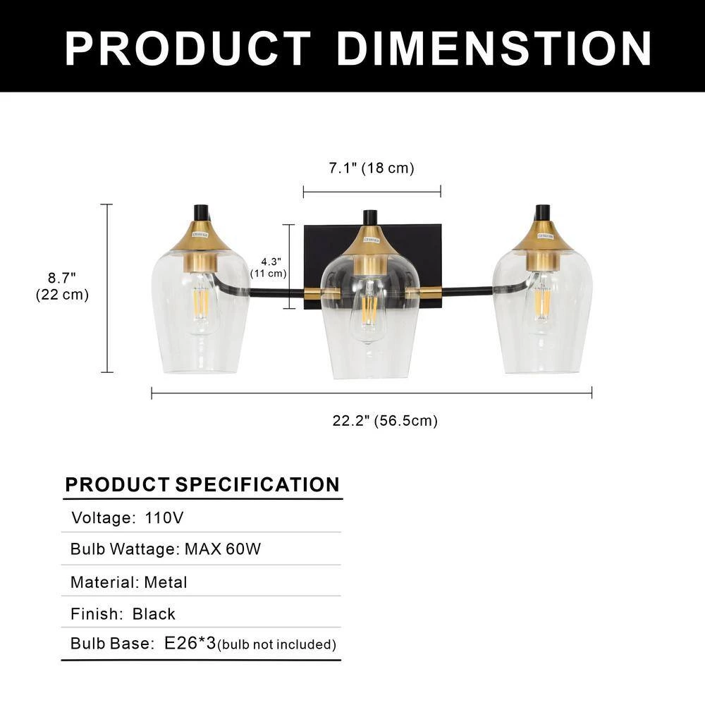 28.35 in. 3-Light Matte Black Vanity Light with Clear Glass Shade by YANSUN 4 28.35 in. 3-Light Matte Black Vanity Light with Clear Glass Shade by YANSUN - Image 2