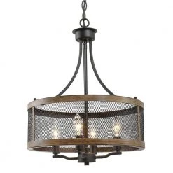 Farmhouse 4-Light Oil Black and Wood Painted Finish Drum Metal Chandeliers by YANSUN