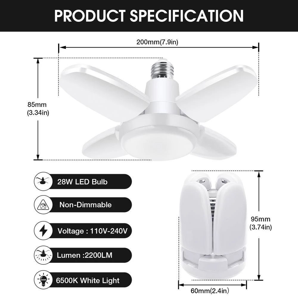 8 in. 200-Watt Equivalence Deformable White LED Flush Mount Garage Light, 2200 Lumens, 4-Leaf 6000K Daylight (4-P by YANSUN 5 8 in. 200-Watt Equivalence Deformable White LED Flush Mount Garage Light, 2200 Lumens, 4-Leaf 6000K Daylight (4-P by YANSUN - Image 3