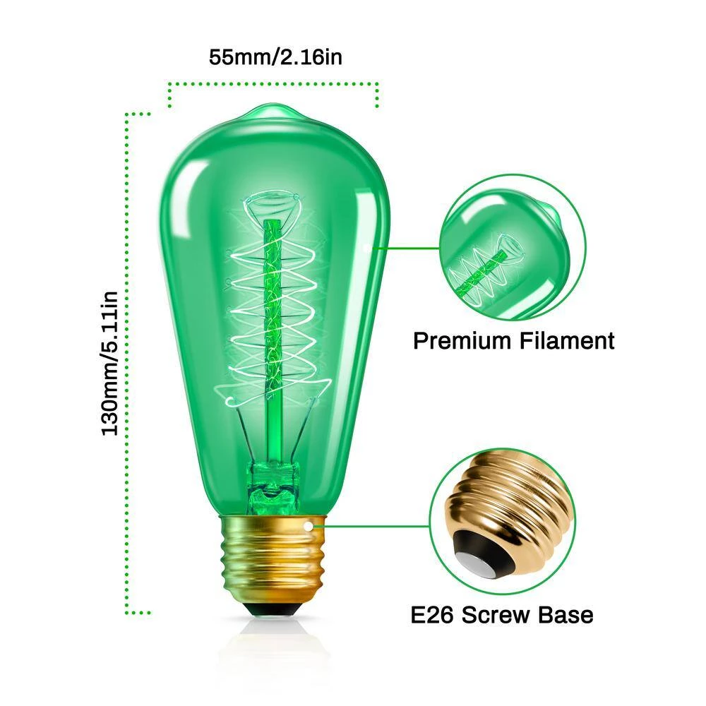 40-Watt Equivalent ST58 Green Dimmable E26 Vintage Edison Incandescent-Light Bulb for Halloween Christmas (4-Pack) by YANSUN 6 40-Watt Equivalent ST58 Green Dimmable E26 Vintage Edison Incandescent-Light Bulb for Halloween Christmas (4-Pack) by YANSUN - Image 4