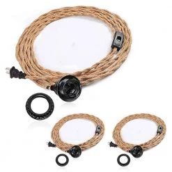 1-Light Vintage Plug-In Hanging Pendant with Hemp Rope and Black Socket (Pack of 3) by YANSUN