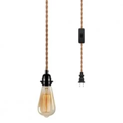 1-Light Vintage Plug-In Hanging Pendant with Hemp Rope and Black Socket (Pack of 1) by YANSUN