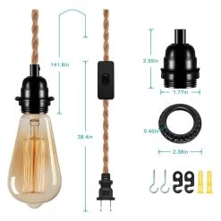 1-Light Vintage Plug-In Hanging Pendant with Hemp Rope and Black Socket (Pack of 1) by YANSUN -YANSUN Shop yansun lamp sockets h ms01e26ac c3 1000