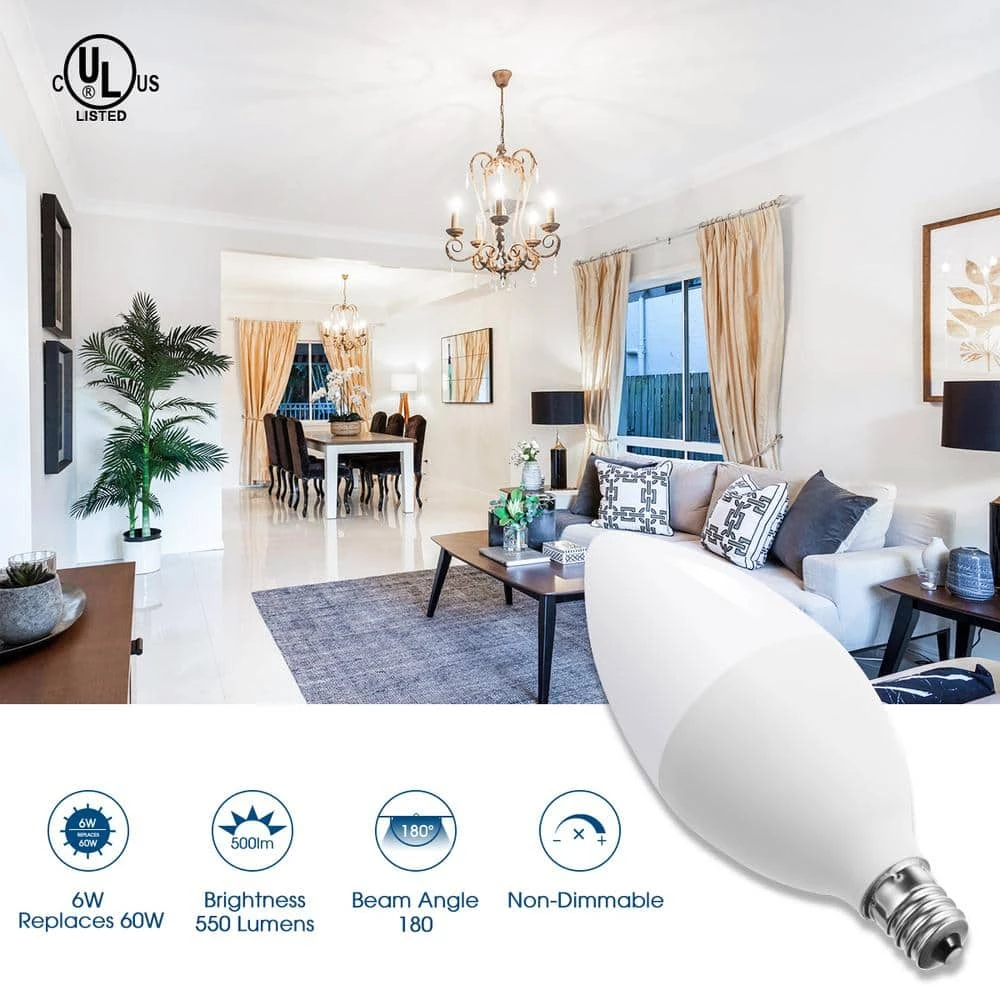 UL-Listed 60-Watt Equivalent 6W C11 Non-Dimmable LED Candle Light Bulb E12 Base in Daylight 5000K (6-Pack) by YANSUN 10 UL-Listed 60-Watt Equivalent 6W C11 Non-Dimmable LED Candle Light Bulb E12 Base in Daylight 5000K (6-Pack) by YANSUN - Image 8